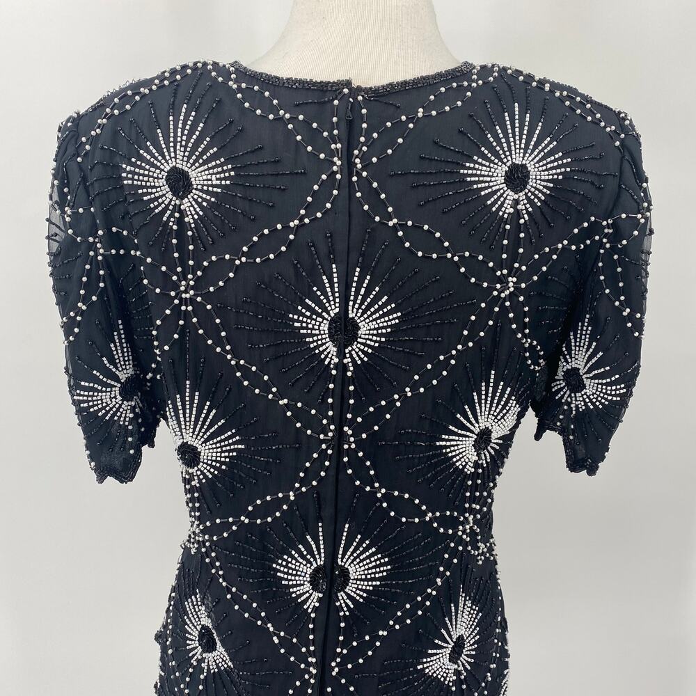 Vintage Scala Pure Silk Beaded Pearl Top Short Sleeve Black White Womens size XL - Picture 7 of 13